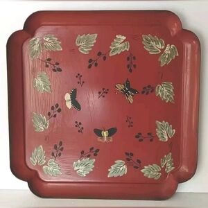 Vintage Hand Painted Butterfly Leaves Red Metal Tray Folk Art Cottagecore SIGNED